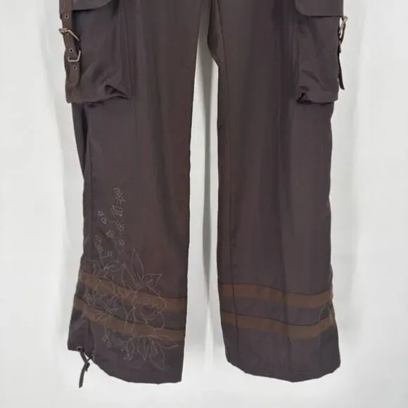 Y2K Express Cargo Floral Embroidered Wide Leg Pants Brown Size‎ 4 Satin VTG - Picture 6 of 16